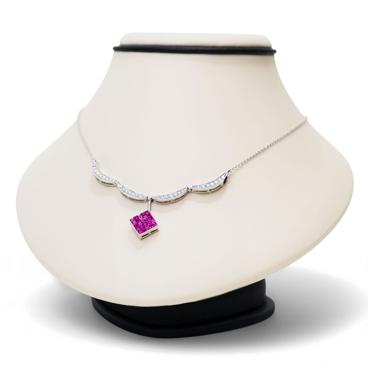 D50/PS90-W 14kt white gold ladies diamond and pink sapphire necklace - worn 2 different styles - pink PM15PS