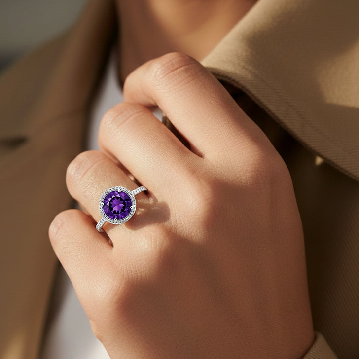 14kt white gold ladies amethyst and diamond ring SPR-1017