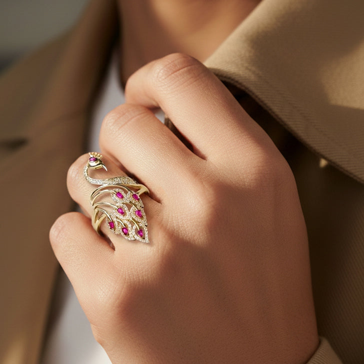 14kt yellow gold ladies peacock ring rubies and c.z. stones GR-1273