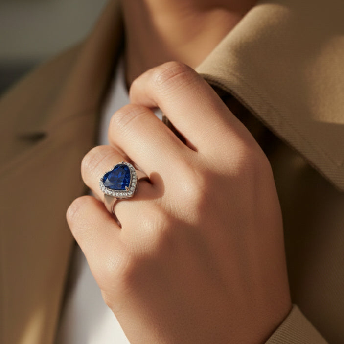 14kt white gold ladies blue sapphire and diamond heart ring SPHR-197