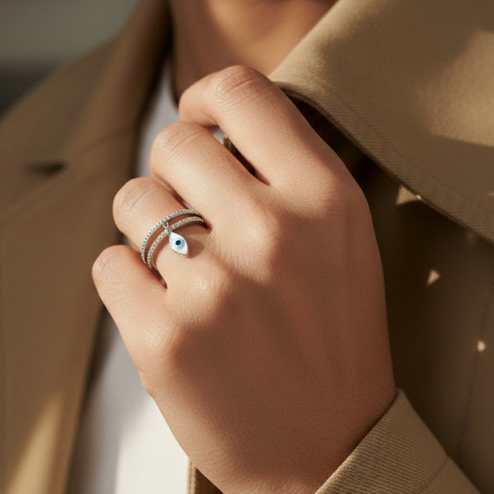 14kt white gold ladies evil eye ring with diamonds - diamonds DIR-1620