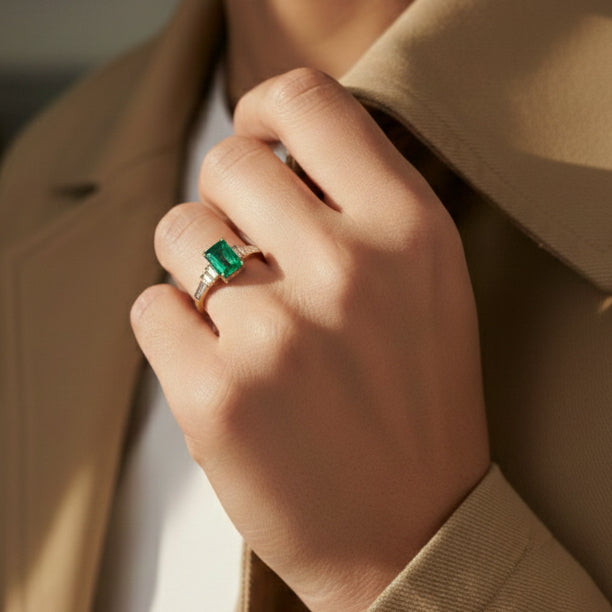 14kt yellow gold ladies emerald and diamond ring - emerald 1.53ct in size, diamonds DER-91