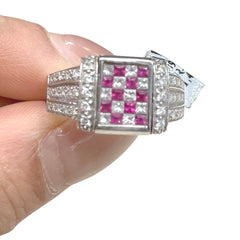 18kt white gold ladies reversible ring - worn two ways - diamonds, pink sapphires and rubies DIR-1073